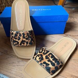 Stuart Weitzman Delilah Leopard-Print Calf Hair Slide Sandals - Size 8.5